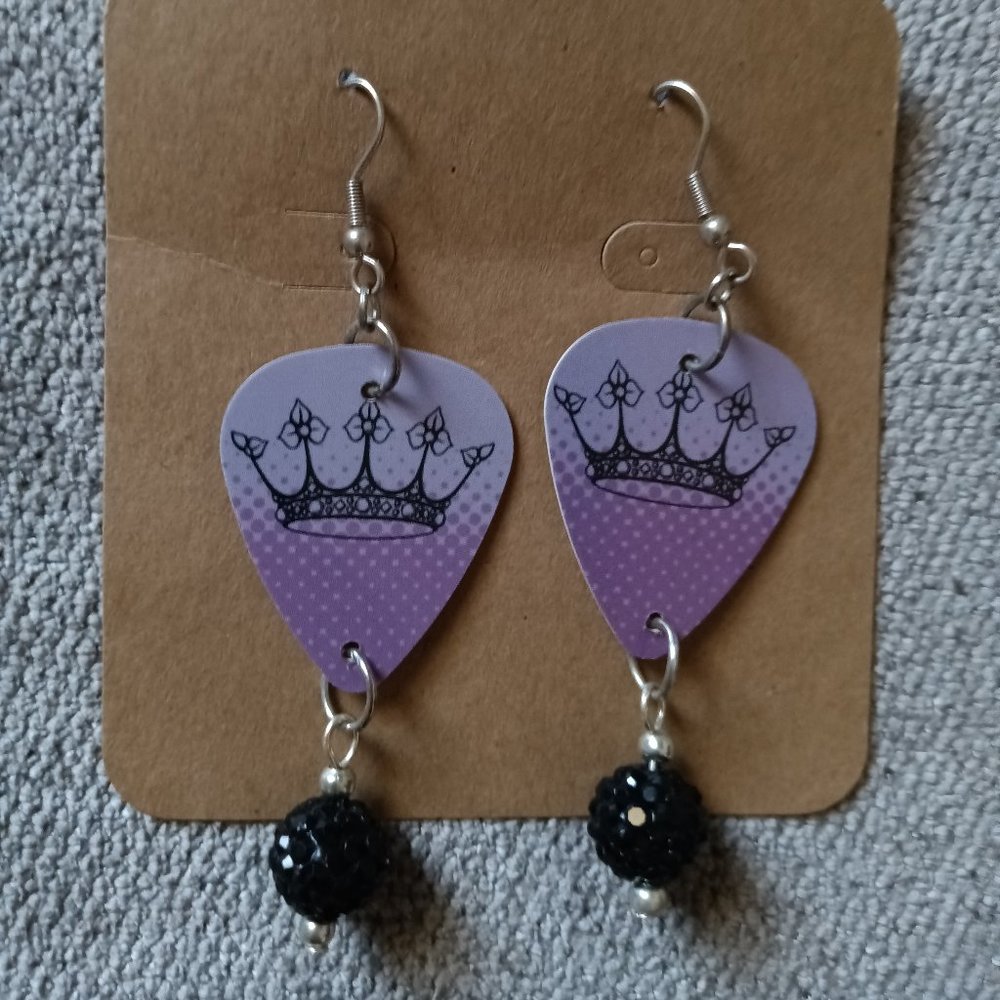 PURPLE PRINCESS CROWNS GUITAR PICK EARRINGS
